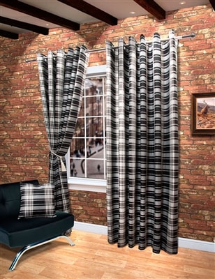 Isla Fully Lined Black Tartan Checked Ready Made Eyelet curtains