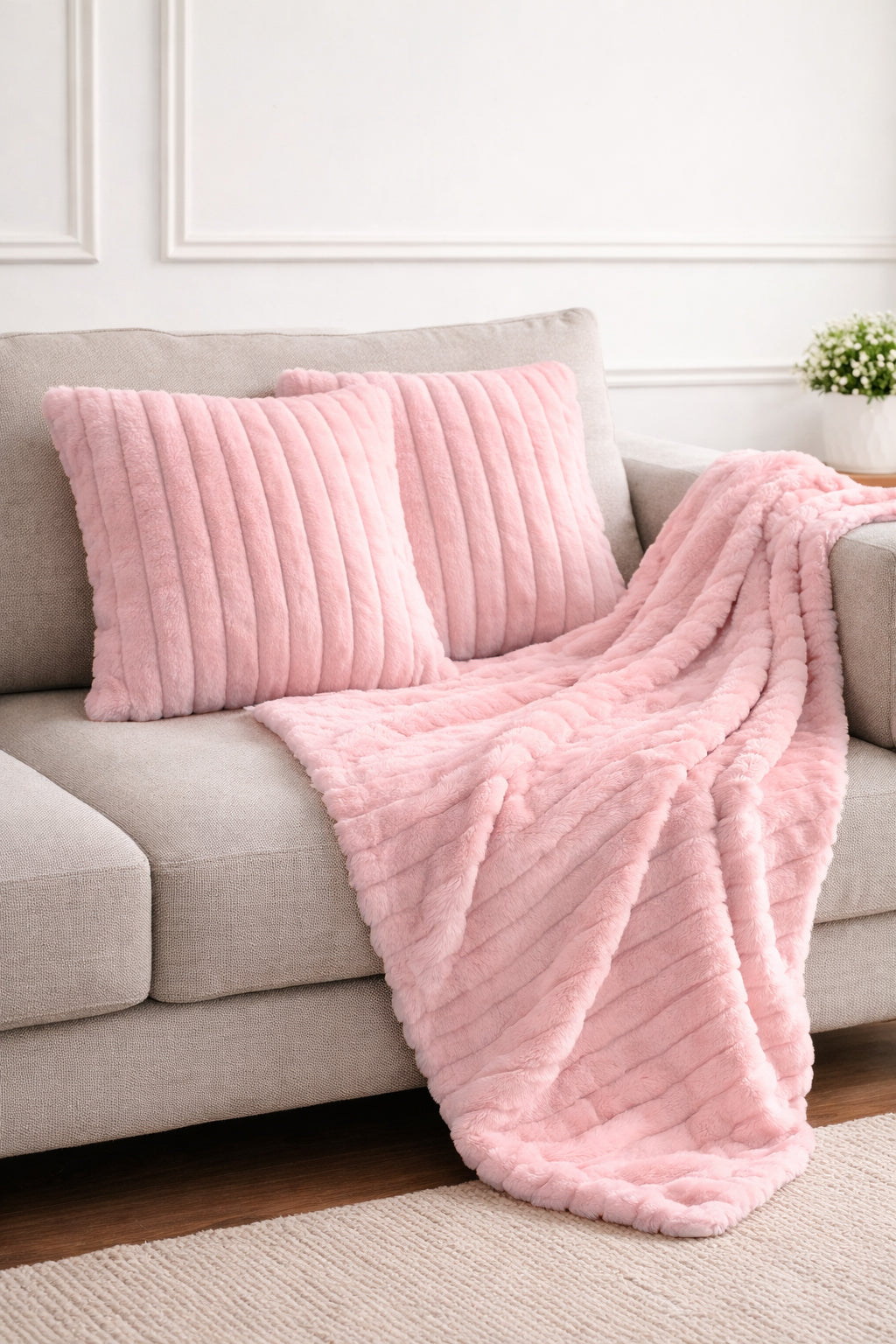 Ribbed Faux Fur Cushion Cover – Soft Plush Decorative Pillow (Multiple Colours and Sizes)