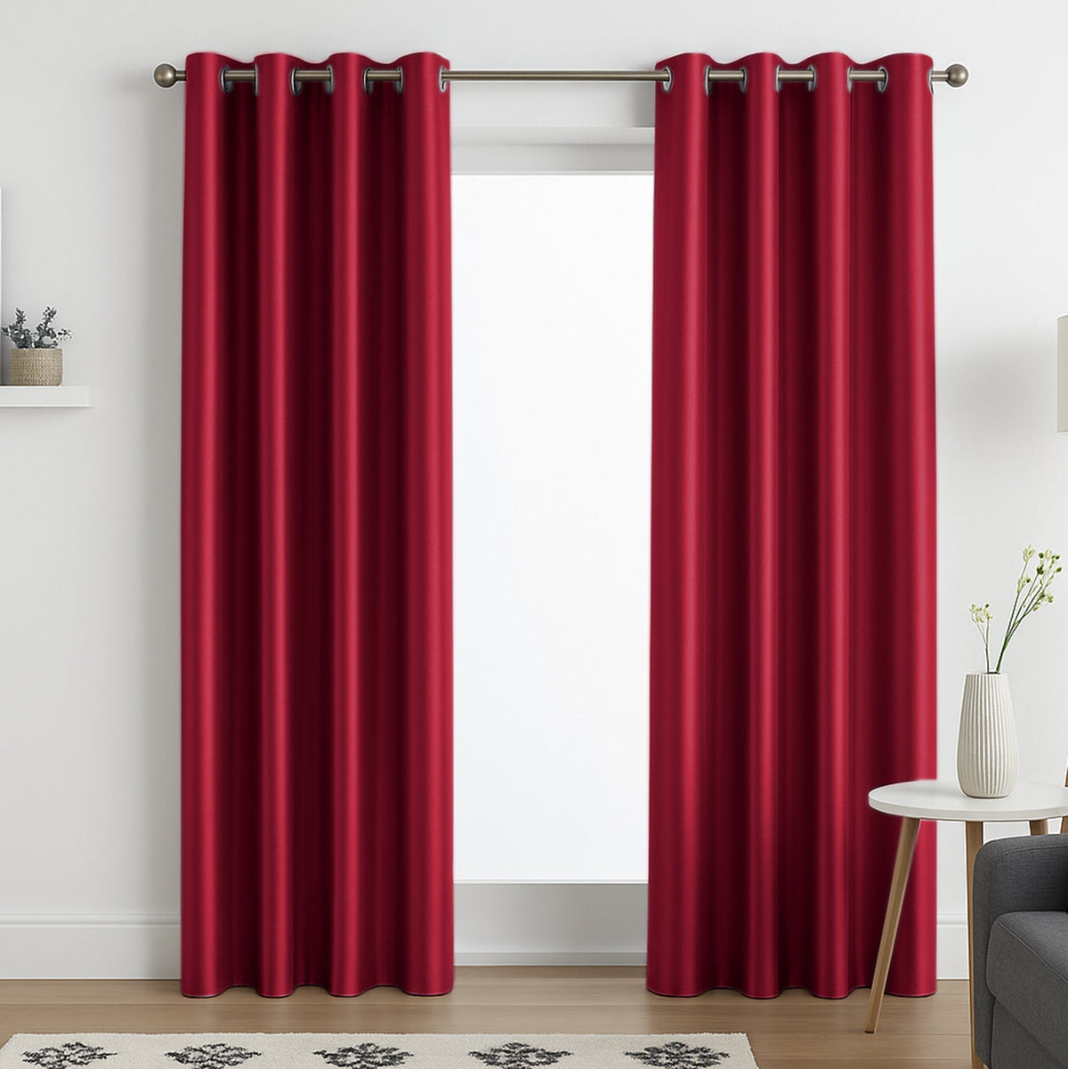 Faux Silk Eyelet Fully Lined Curtains (Red)