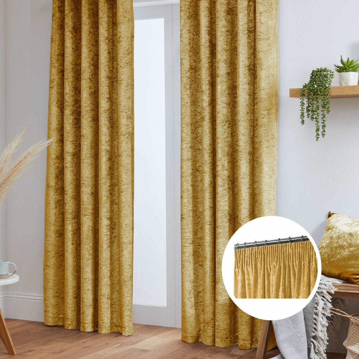 Crushed Velvet Fully Lined Ready Made Pencil Pleat Curtains (Ochre)