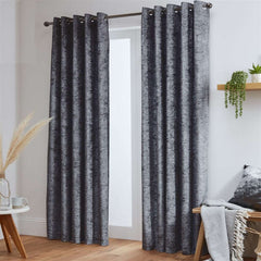 Crushed Velvet Fully Lined Ready Made Eyelet Curtains (Dark Grey)