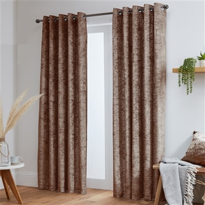 Crushed Velvet Fully Lined Ready Made Eyelet Curtains (Mocha)