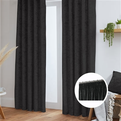 Crushed Velvet Fully Lined Ready Made Pencil Pleat Curtains (Black)