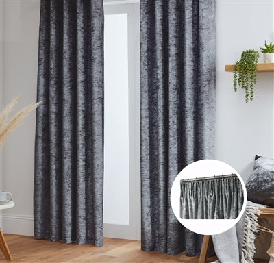 Crushed Velvet Fully Lined Ready Made Pencil Pleat Curtains (Dark Grey)