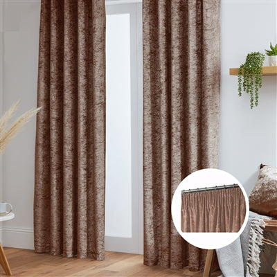 Crushed Velvet Fully Lined Ready Made Pencil Pleat Curtains (Mocha)