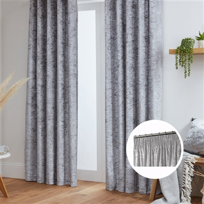 Crushed Velvet Fully Lined Ready Made Pencil Pleat Curtains (Silver)